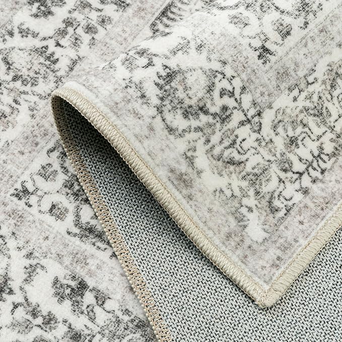 PureCozy Black Area Rug 10x12 Machine Washable Large Vintage Living Room Distressed Non Slip Carpet Traditional Indoor Bedroom Grey Retro Floral Accent Throw Rug for Office Kitchen Dining Room