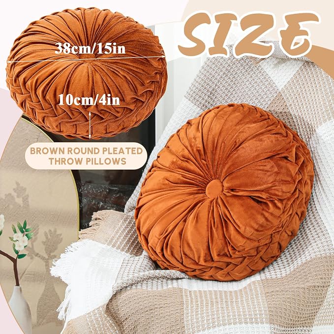 Drydiet 1 Pcs Round Throw Velvet Pillows Decorative Pleated Throw Pillows Diameter Accent Pumpkin Boho Chair Cushion for Couch Sofa Home Decoration (Brunt Orange,15'')