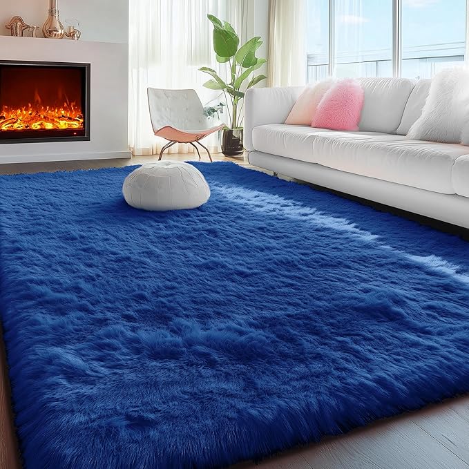 PAGISOFE Navy Blue Rug 5x8 Ft Fluffy Shag Rugs for Living Room Soft Shaggy Large Rugs for Kids Room Carpet Nursery Floor Boys Room Dorm Rug Kid Playroom Navy Area Rug Teen Home Decor