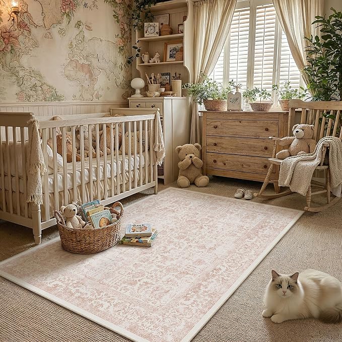 PureCozy Pink Area Rug 4x6 Office Entryway Rug Machine Washable Kitchen Vintage Distressed Non Slip Carpet Indoor Retro Floral Accent Throw Door Mat for Bathroom Bedroom Dining Living Room