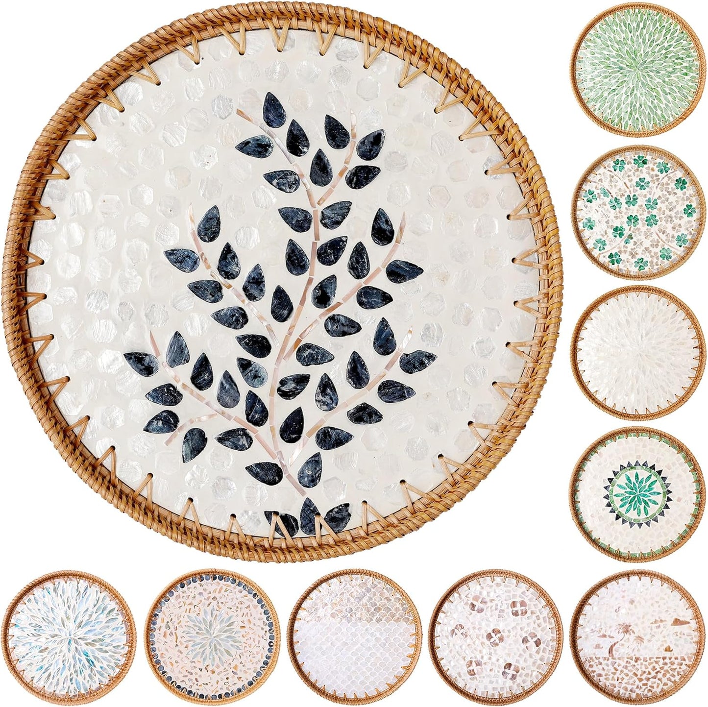 Round Rattan Tray with Mother of Pearl Inlay & Wooden Base - Decorative Wicker Serving Tray for Coffee/Bread/Fruits, Food Storage & Display - Multipurpose Home Decor