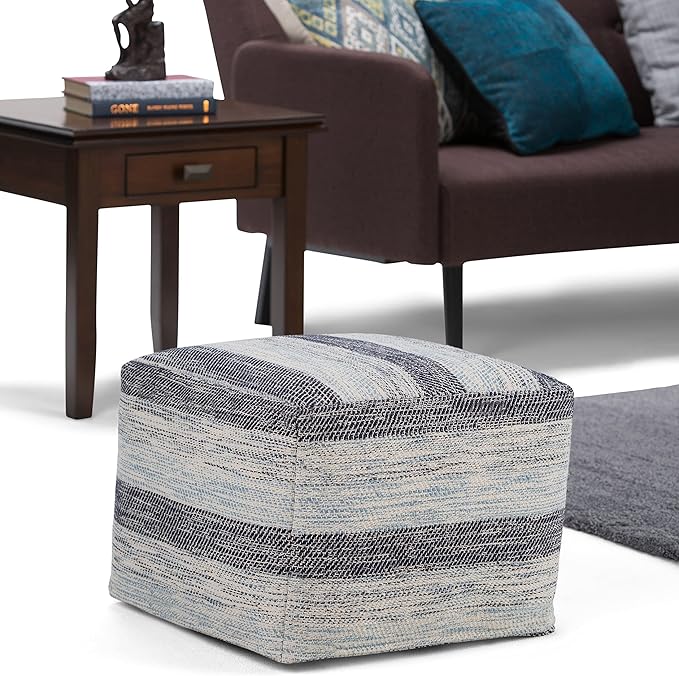 SIMPLIHOME Clay Square Pouf - 18 inch Wide Upholstered Cotton Ottoman in Dark Blue/Natural, Boho Footstool, Decorative Cube Pouf or Extra Seating for Living Room or Bedroom, Assembled