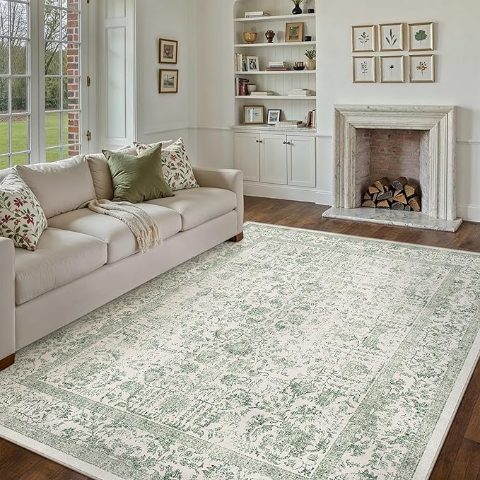 PureCozy Green Area Rug 7x9 Machine Washable Vintage Living Room Distressed Non Slip Carpet Traditional Indoor Bedroom Retro Floral Accent Throw Large Rug for Office Kitchen Dining Room