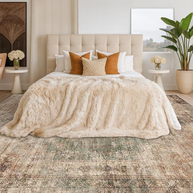 Hazo Haus Vintage Distressed Medallion Area Rug for Living Room – 10x12 Green Brown Large Washable Rug for Bedroom & Dining Room Under Table, Ultra-Thin Soft Non-Slip Lightweight Printed Design