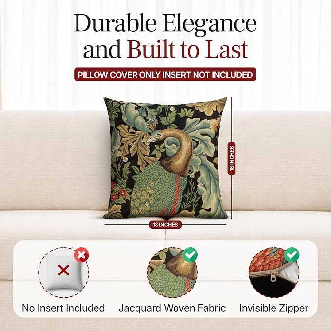 Charlotte Home Furnishings Inc Black Peacock Throw Pillow Covers 18x18, European 100% Cotton Jacquard Woven Fabric, Boho & Vintage Inspired Decorative Cushion for Living Room and Sofa