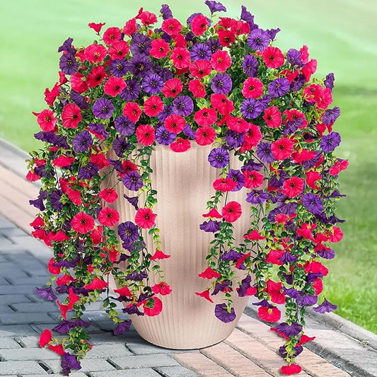 Artificial Hanging Flowers for Outdoor, 2pcs Fake Plants Long Vine Morning Glory Eucalyptus, Spring Summer UV Resistant Realistic Faux Greenery Indoor Outside Patio Porch Garden Decor, Hot Pink Purple