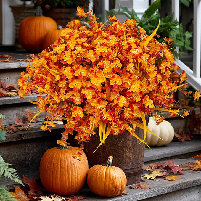 AXYLEX Artificial Mums for Outdoor Fall Flowers - Fake Plants UV Resistant No Fade Faux Plastic Home Decor Garden Porch Patio (1, OrangeMixed)