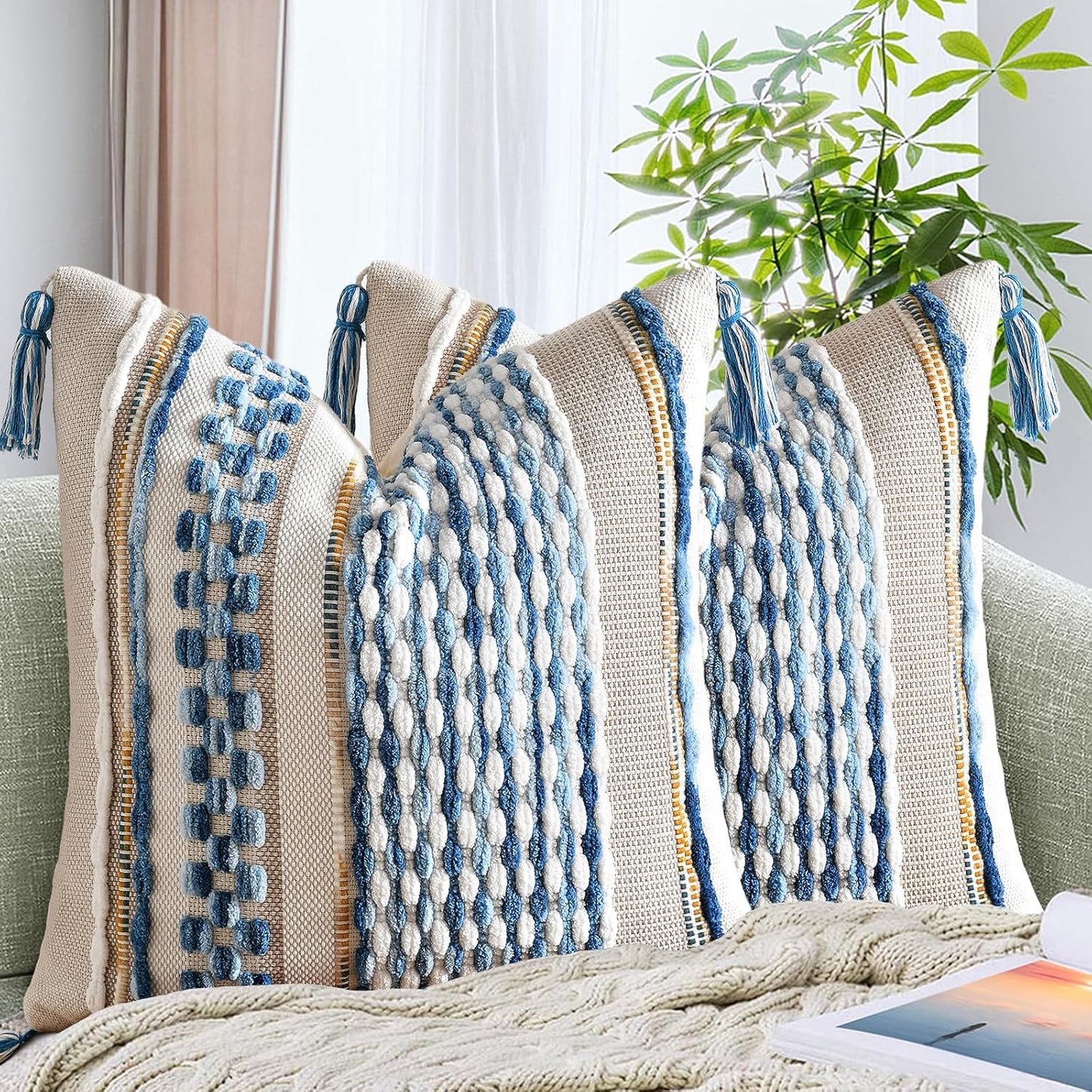 AmHoo Set of 2 Chenille Striped Textured Boho Throw Pillow Covers Aesthetic with Tassels Woven Decorative Pillow Case for Couch Bed Sofa Bedroom Modern Funky 18 x 18-Inch Sky Blue