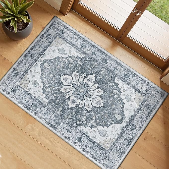 RELEANY Area Rugs 2'x3' Kitchen Rugs Entry Rug Small Rugs for Entryway Kitchen Bathroom Door Mat Indoor Entrance,Washable Non Slip, Light Gray Grey White