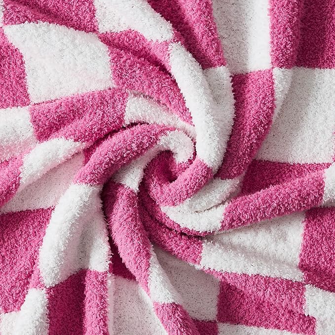 WRENSONGE Soft Checkered Throw Blanket for Couch-Cozy Warm Knitted Blankets | Lightweight Warm Fluffy Decor for Women, Mom, Her & Girls, Sofa, Chair, Bed, 50x70in, Hot Pink