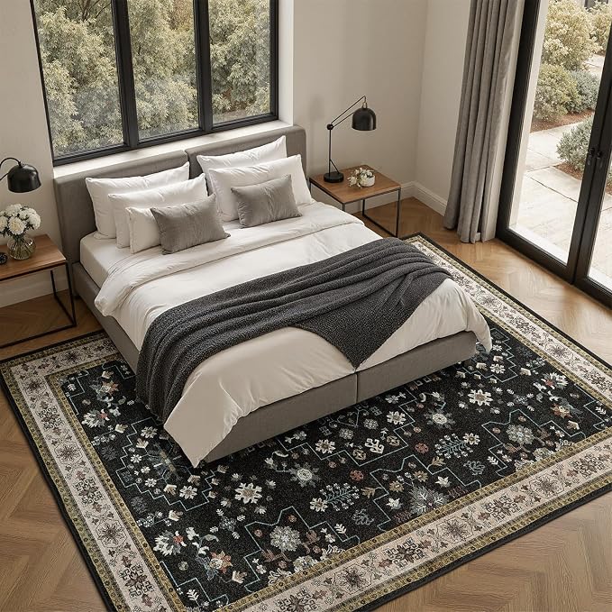 DCX Black Boho 5x7 Area Rugs, Machine Washable Non Slip Geometric Floral Rug, Stain Resistant Low Pile Soft Rug for Living Room, Bedroom, Nursery, Playroom