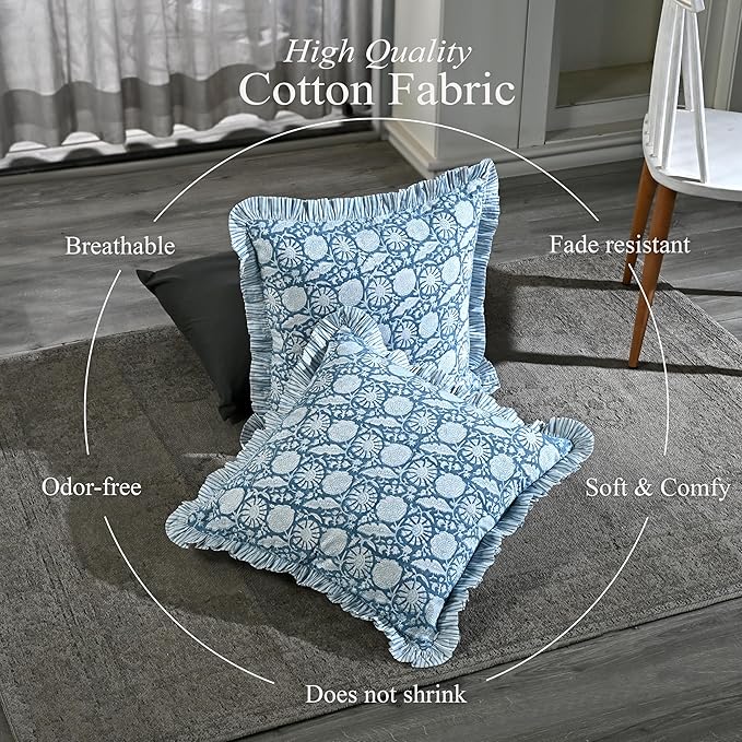 CPC Blue Meadow Hand Block Print 100% Cotton Ruffle Throw Pillow Cover 24x24 inch with Hidden Zipper Decorative for Couch, Bed, Sofa, Farmhouse, Cottagecore Decor Gift Christmas Fall Thanksgiving