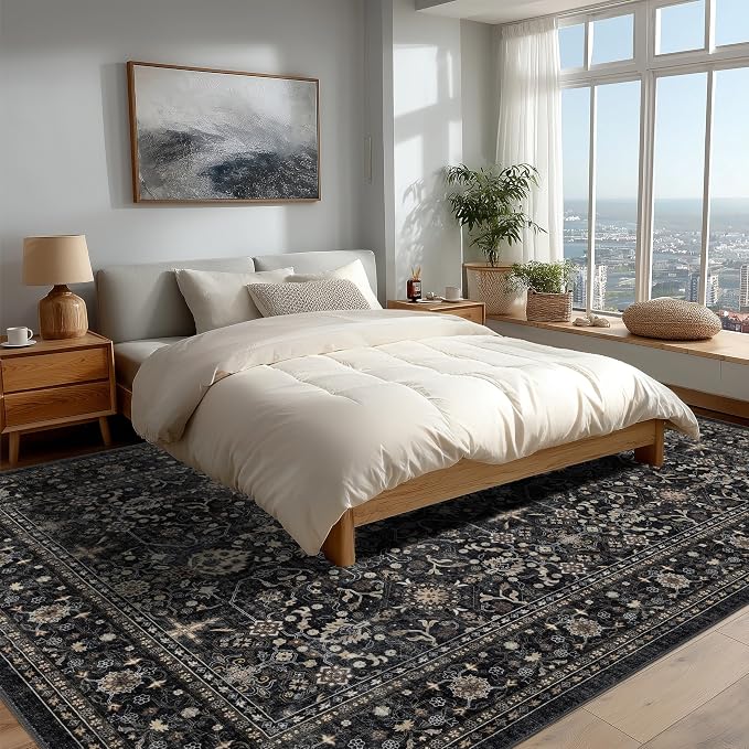 Ruaruarug Washable Area Rug 8x10 for Living Room, Bedroom, Ultra Soft Non Slip Stain & Fade Resistant, Pet & Kids Friendly, Suitable for High Traffic Areas Easy to Clean for Office Kitchen, Black Grey