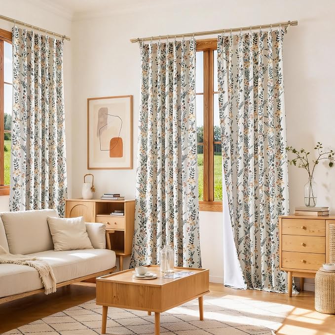 Kayne Studio Pinch Pleated Leaf Floral Window Curtains Light Filtering Lined Drapes Botanical Printed Country Farmhouse Back Tab Window Panels for Living Room Bedroom, 40"x108",Green & Yellow,2 Panels