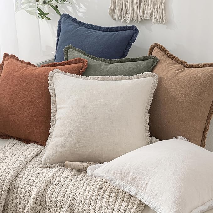 MIULEE Decorative Throw Pillow Covers Neutral Linen Fringe Throw Pillows Euro Shams Set of 2 Light Olive Green Boho Farmhouse Cushions for Couch Sofa Bed Living Room Spring Home Decor 28x28 Inch