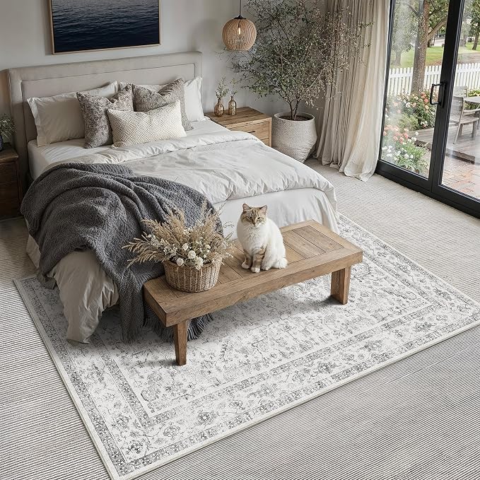 PureCozy Grey 5x7 Area Rug Vintage Washable Living Room Carpet Non Slip Bedroom Indoor Office Low Pile Traditional Distressed Retro Accent Rug for Dining Room Bathroom Kitchen