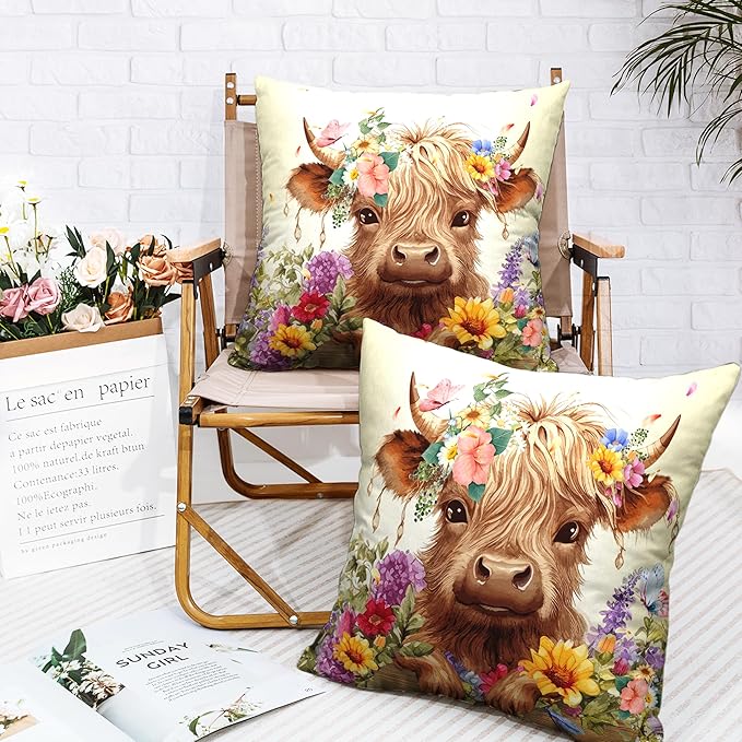 Highland Cow Pillow Covers 24x24 Set of 2 Cattle with Flowers Throw Pillow Covers Spring Outdoor Pillowcase Cotton Linen Farmhouse Cushion Case for Sofa Outdoor Patio