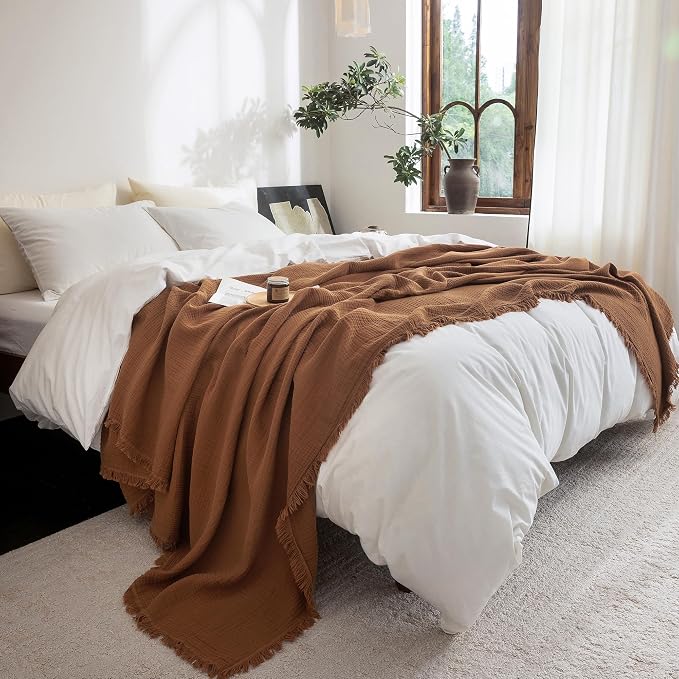 FOSSA Muslin Blanket 4-Layer 100% Cotton Gauze Blanket with Fringe 66"x90" | Super Soft Breathable Lightweight All Season & Decorative Blanket or Bed, Sofa, Office (Dark Orange,Twin XL)