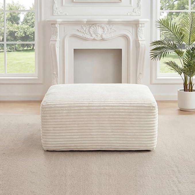 27.56'' Plush Fluffy Corduroy Poofy Ottoman in a Box for Boneless Sofa Couch, Modern Compressed Foot Rest, Small Comfy Rectangle Boneless Pouf Footstool Ottoman for Living Room, Bedroom, Beige
