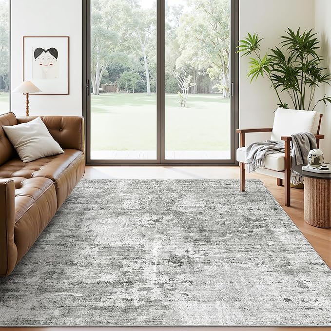 Soalmost 6x9 Abstract Area Rugs for Living Room 6 x 9 Washable Non Slip Low Pile Gray Rugs for Bedroom Dining Room Foldable Thin Gray White