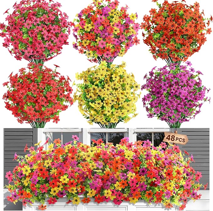 SHareconn 48 Bundles Artificial Flowers for Outdoors Spring Decoration, Fake Silk Realistic Faux Plants UV Resistant for Outside Planter Porch Patio Summer Indoor Decor, RedRose PurpleYellowOrange