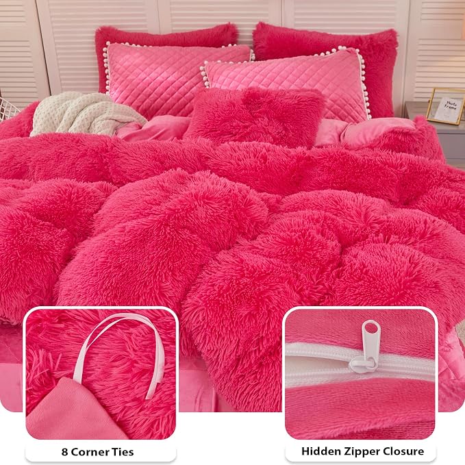 LIFEREVO Luxury Plush Shaggy Duvet Cover Set, Soft Velvet Fluffy Duvet Cover Furry Bedding Comforter Set(1 Faux Fur Fuzzy Duvet Cover + 2 Pompoms Pillow Cases), Zipper Closure(Full/Queen, Hot Pink)