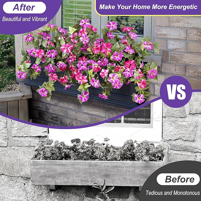 Ammyoo 4 Pcs Artificial Fake Petunia Flowers for Outdoor Decoration, Faux Silk Petunias Flower for Spring UV Resistant Realistic Plants for Garden Balcony Yard Porch Indoor Decor(Fuchsia Lotus)