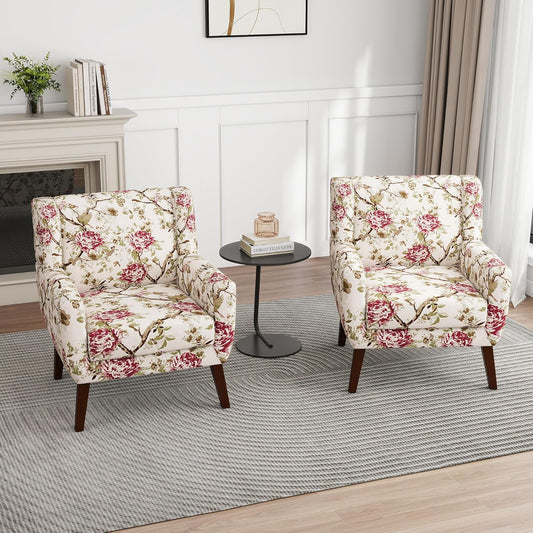 UIXE Floral Accent Chair, Modern Upholstered Armchair in Fabric for Living Room, Comfy Club Arm Chairs Single Sofa Button Tufted Bedroom Reading Seat - Pattern Floral, Set of 2