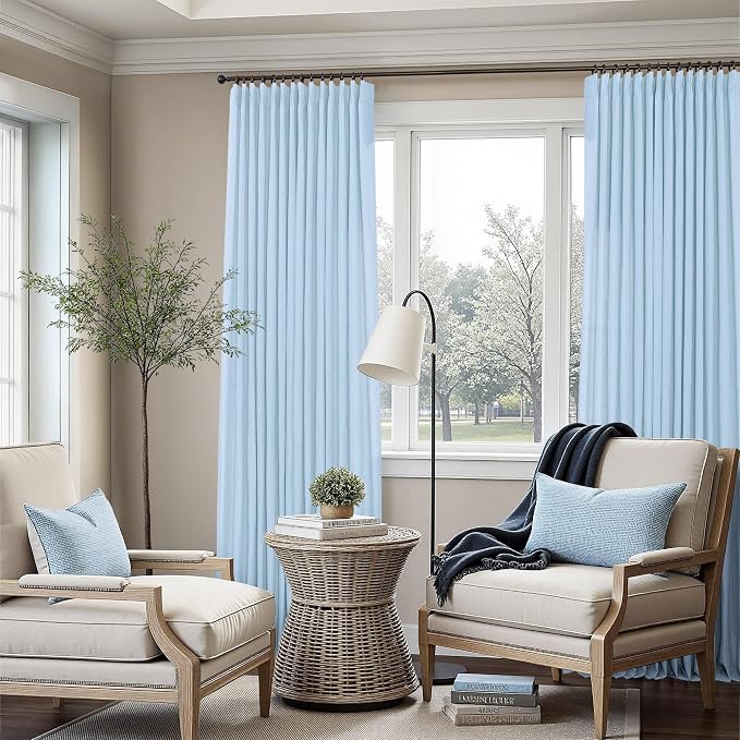 Light Blue Pleated Linen Curtains 102 Inches Long 2 Panels for Living Room Dining Pinch Pleat Back Tab Light Filtering Semi Sheer Boho Coastal Window Curtain Drape for Bedroom Aesthetic Dusty Sky Blue