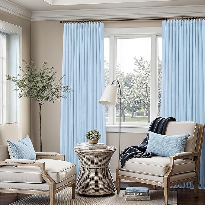 Light Blue Linen Curtains 108 Inch Long 2 Panels for Large Window Living Room Pinch Pleated Sky Blue Green Curtain Semi Sheer Light Filtering Drape for Bedroom Patio Door Ceiling Floor Length Back Tab