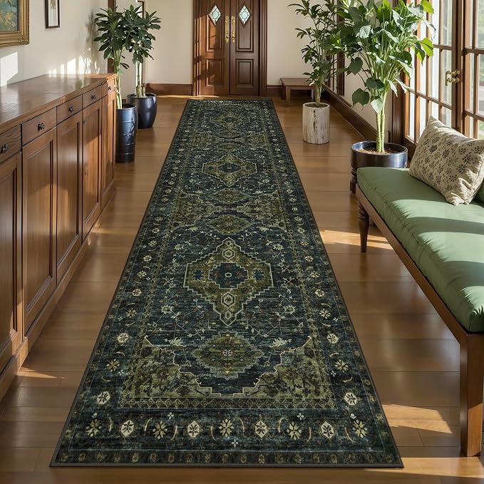 Tangsoo 3x10 Washable Hallway Runner Rug, Non Slip Vintage Runner Rug for Hallways, Soft Low Pile Long Rug Runner, Print Distressed Carpet Runners for Kitchen Bedroom Entryway Living Room Green