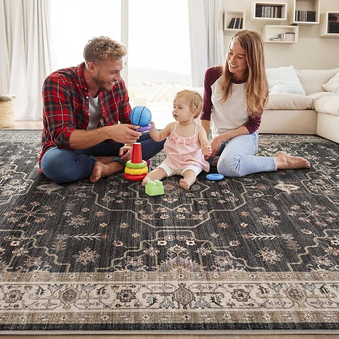 Area Rug for Living Room - 5x7 Soft Washable Oriental Vintage Floral Distressed Large Carpet - Fade Stain Resistant Non Slip Rugs for Bedroom Dining Room Nursery Dorm Office Home Decor - Black