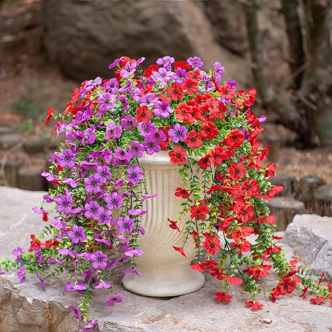 Ammyoo Artificial Hanging Flowers for Outdoors Fake Plants Decoration, 2 Packs Faux Silk Daisy Flower Realistic Outdoor Flowers UV Resistant Porch Patio Window Yard Indoor Spring Decor(Purple)