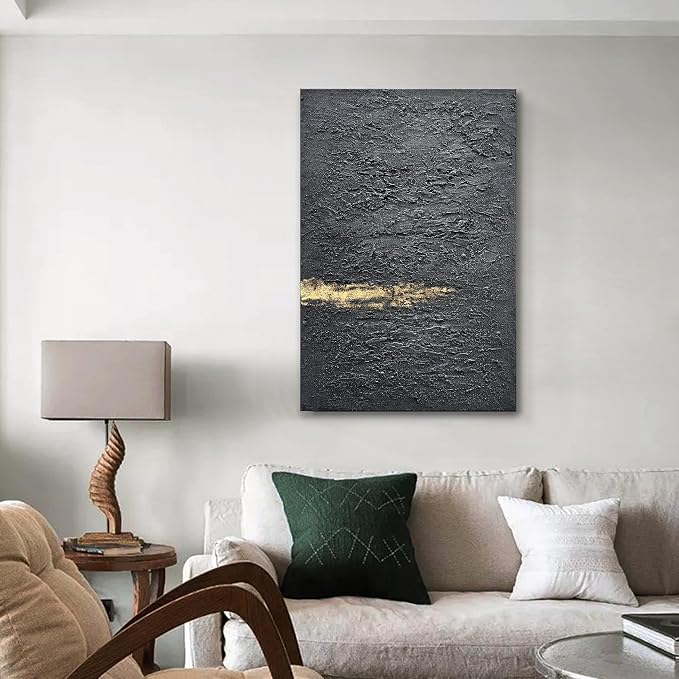 Hand Painted 36x24 inch Black and Gold Abstract Wall Decoration Oil Painting Thick Texture Minimalist Art