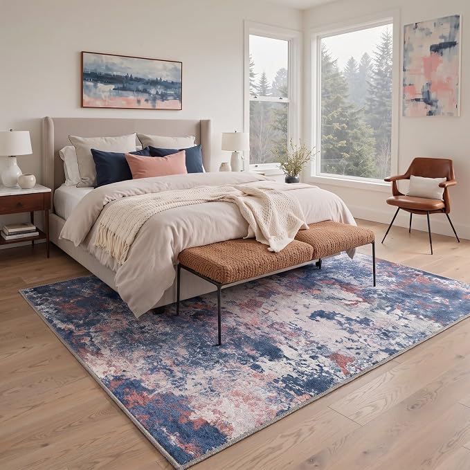 BEIMO 2'6"x6' Runner Rug for Hallway Kitchen, Machine Washable Runners Rug for Entryway, Soft Modern Abstract Throw Rugs, Low Pile Floor Cover with Non Slip Backing, Red Blue