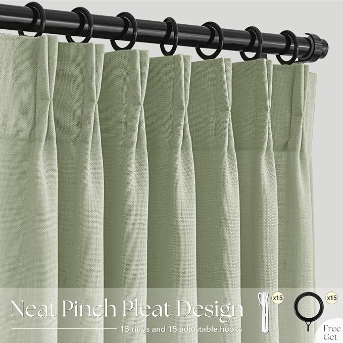 Pinch Pleated Sage Green Curtains 102 inch Long for Living Room 2 Panel Set Light Fitering Semi Sheer Light Green Linen Curtain with Pleat Hooks Rustic Farmhouse Sage Drapes Length 40"x102"