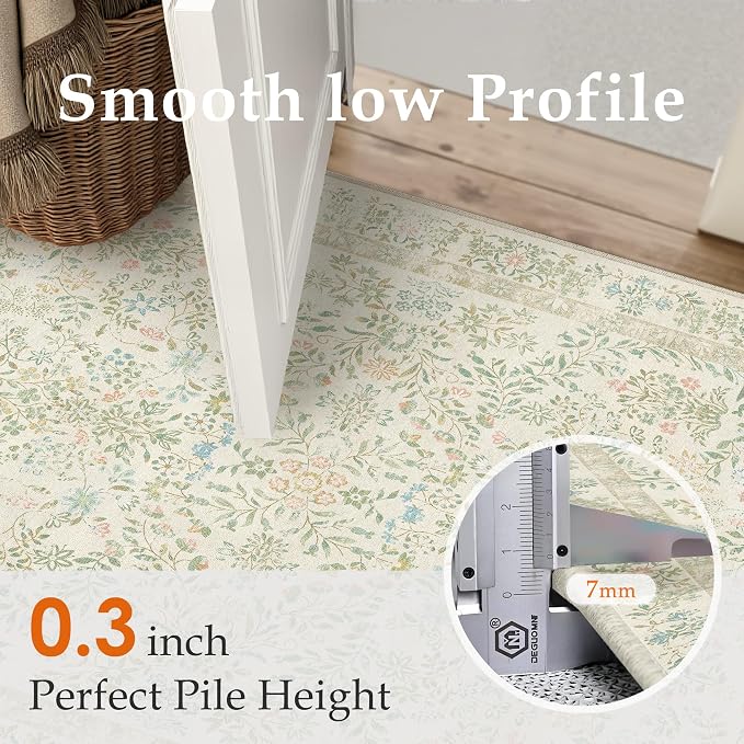 PureCozy 2x6 Light Green Area Rug for Kitchen Washable Vintage Floral Carpet Low Pile Non Slip Botanical Aesthetic Soft Accent Throw Rug Entrance Bathroom Bedroom Nursery Office Indoor