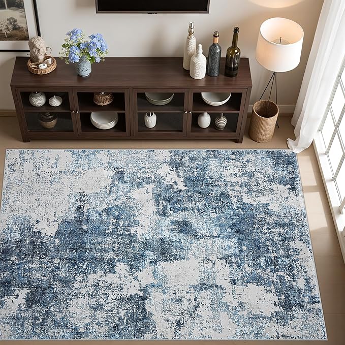 Area Rug Living Room Rugs: 5x7 Washable Rug with Anti-Slip Backing Non-Shedding Stain-Resistant Foldable Modern Abstract Carpet for Bedroom Dining Room Nursery Home Office (Blue)