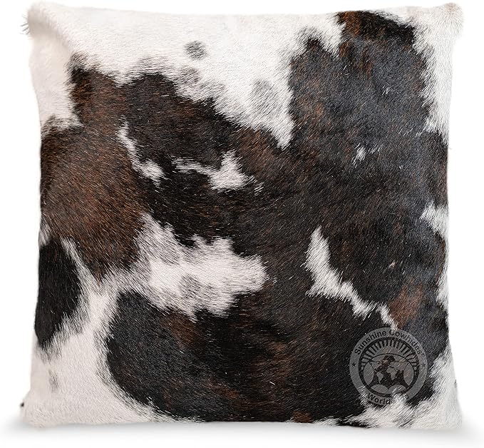 Sunshine Cowhides 100% Genuine Cowhide Pillow Cover - 15" x 15" Square Tricolor Decorative Cow Print Pillows w/Zipper Closure for Couch or Bed Decor (Pillow Filler Not Included) - 1 Piece