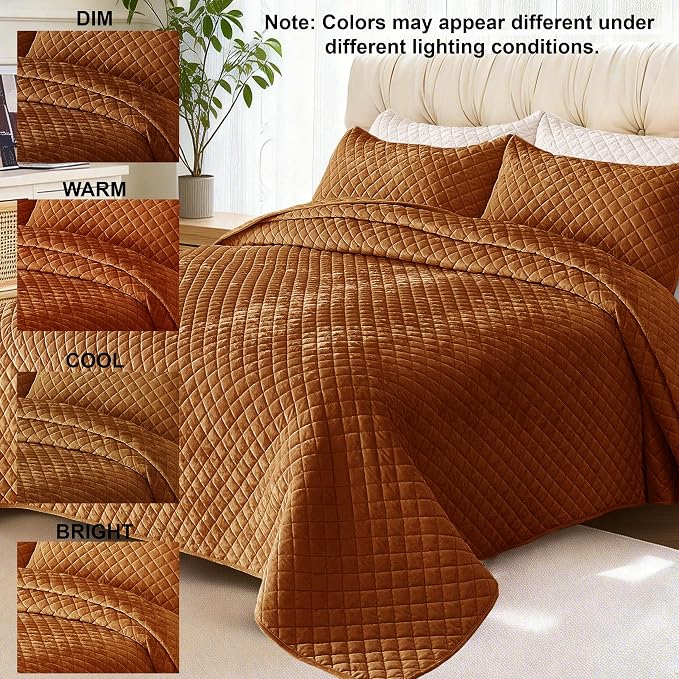 Velvet California King Quilt Size Set 106x118 Luxury Soft Bedspread Coverlet 3-Piece King Comforter Sets with 2 Pillow Shams 20x36 Super Cozy for All Seasons Velvet Bedding Set, Caramel