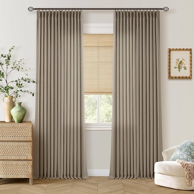 Pleated Linen Dark Flax Curtains 102 Inches Long 2 Panels for Living Room Bedroom Rustic Retro Farmhouse Textured Pinch Pleat Back Tab Track Semi Sheer Brown Ceiling Floor 102 Inch Curtain Drapes