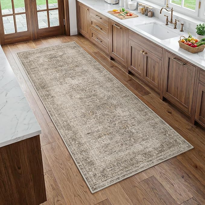 Fmfunctex 3x7 Runner Rug Taupe Washable Vintage Neutral Distressed Non Slip Low Pile Indoor Carpet Soft Retro Floral Hallway Entryway Rug for Kitchen Living Room Bedroom Bathroom Laundry Entry Bedside