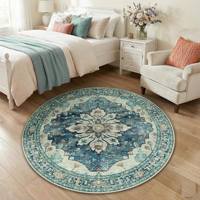 RELEANY Area Rugs 4ft Washable Non-Slip, Floral Vintage Distress Print Pattern Medallion Carpet for Living Room Bedroom Dining Room, Dark Blue Vintage