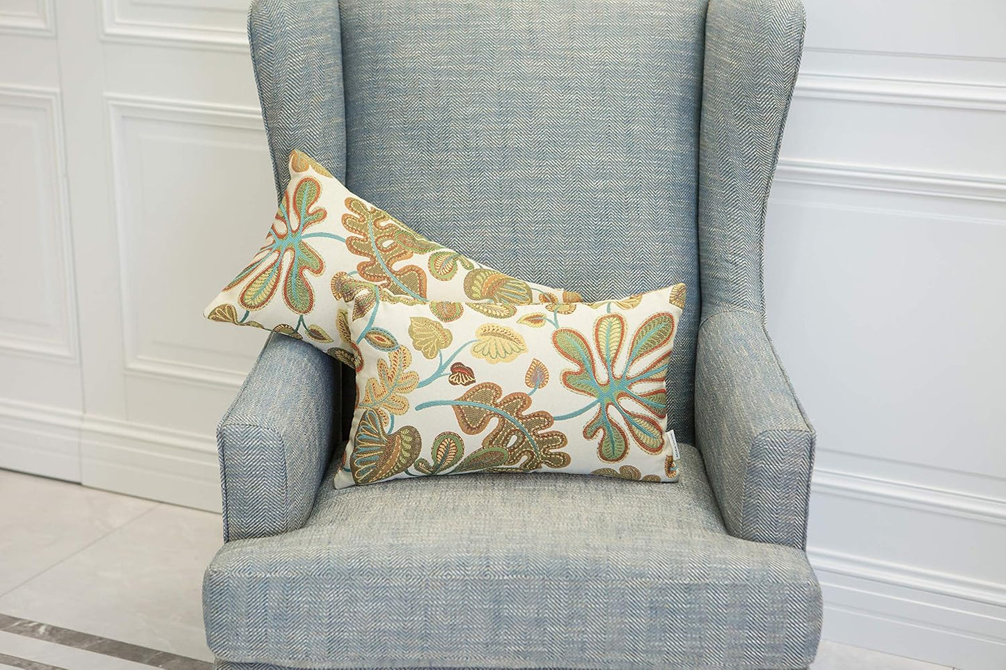 Set of 2 Jacquard Tropical Leaf Pattern Oblong Throw Pillow Covers Accent Pillowcase 12X20 Inches,Teal Cream