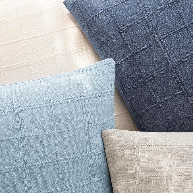 Foindtower Set of 2 Decorative Linen Check Throw Pillow Covers Neutral Farmhouse Vintage Cushion Covers Modern Boho Accent Home Decor for Sofa Chair Couch Bedroom Living Room,20×20 Inch,Sky Blue