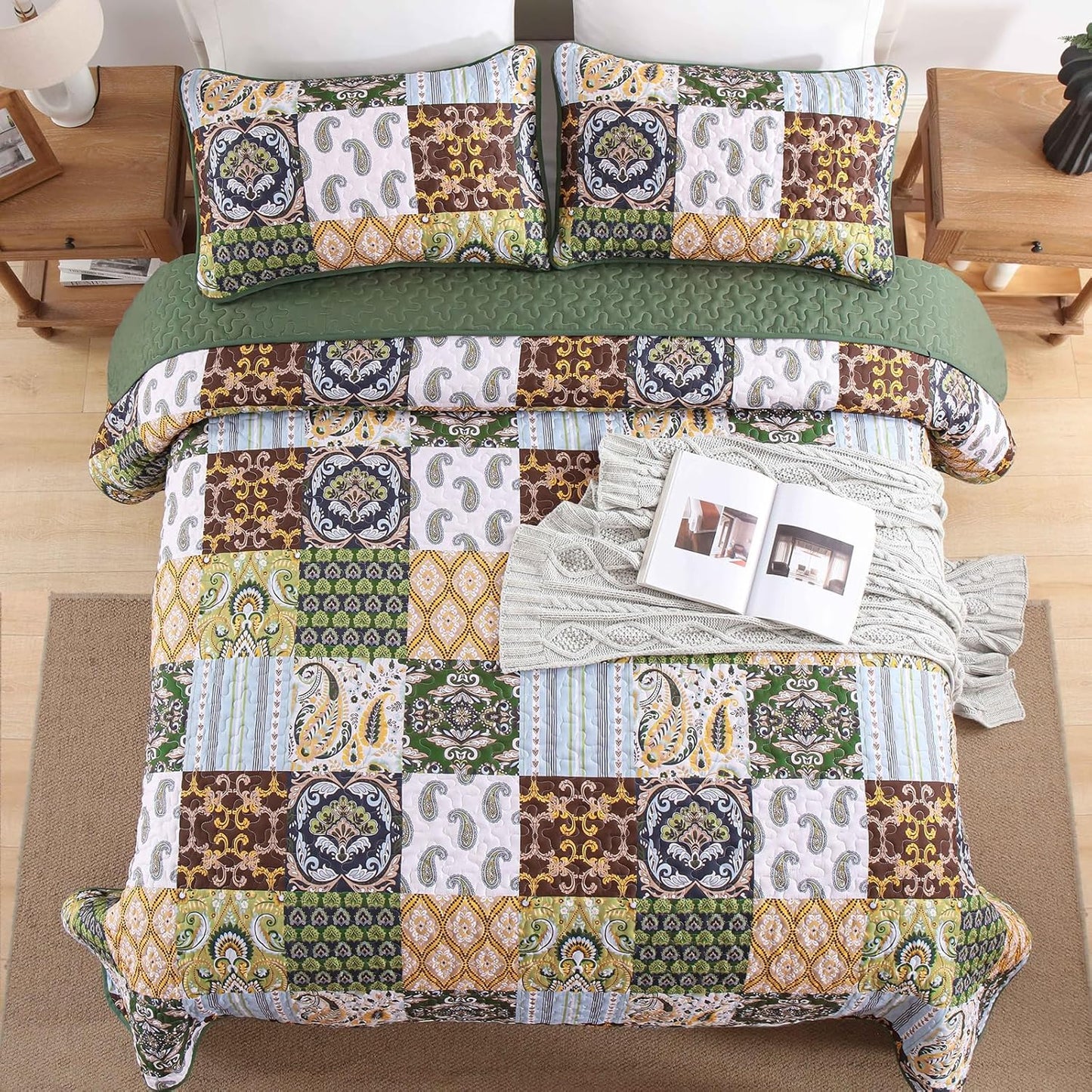WONGS BEDDING Boho Quilt Set King Size, Plaid Patchwork Bedspread Bedding Set Soft Microfiber Quilt for King Bed Reversible 3 Pieces Coverlet Set for All Season (Brown Olive 104"x90")