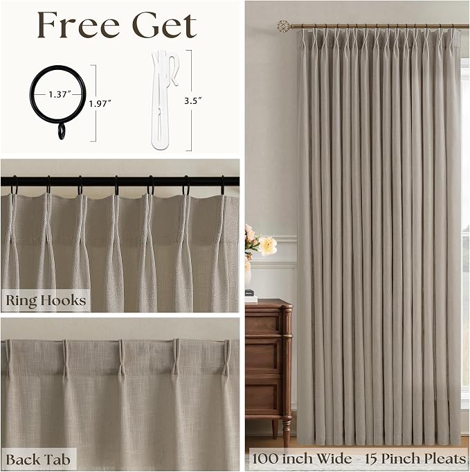 Extra Wide Pleated Curtains 108 Inches Long 100 Inch Width Patio Sliding Door Light Filtering Taupe Grey Beige Burlywood Birch Neutral Modern Neutral 100x108 Drapes Panels Living Dining Room 1 Panel