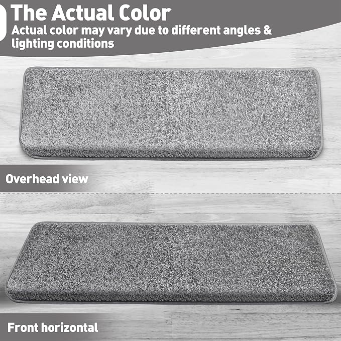 PURE ERA Bullnose Carpet Stair Treads Set Tape Free Non-Slip Indoor Stair Protectors Pet Friendly Rugs Covers Soft Skid Resistant Washable Reusable 9.5" x 30"(14 Pieces,Light Gray)