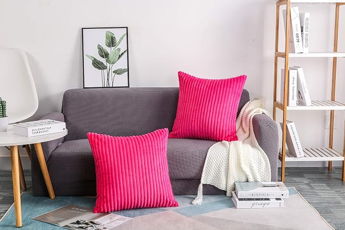 TangDepot Velvet Big Corduroy Pillow Covers 28x28 Hot Pink 2-Pack | Soft wide-stripe corduroy pillow cover, hidden zipper, machine washable, easy refresh, for bedroom living room indoor outdoor