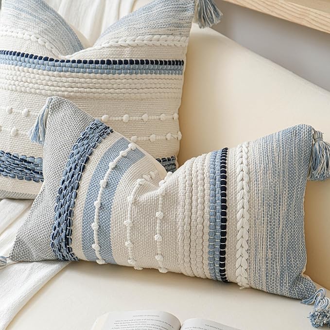 BlissBlush Coastal Blue Boho Decorative Throw Pillow Cover 20x20 Modern Bohemian Accent Pillow Case Square Woven Textured Farmhouse Pillows for Couch Bed (Pack of 1)